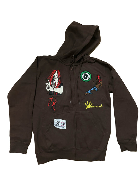 Character all over embroidery zip up hoodie